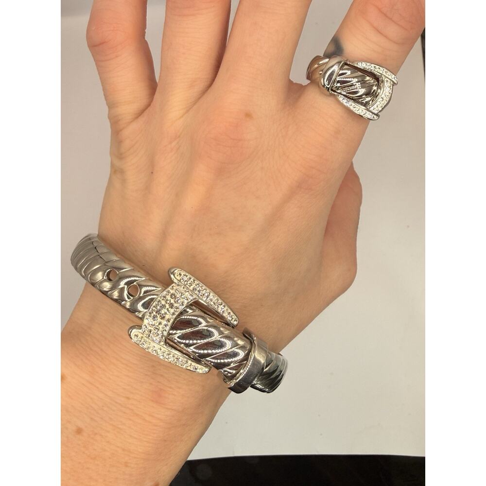 Silver Cable Buckle Bracelet & Ring Set Designer Inspired Western Style Jewelry